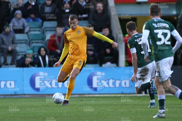 010220 - Plymouth Argyle v Newport County - EFL SkyBet League 2 - Kyle Howkins of Newport County clears under pressure from Luke Jephcott of Plymouth Argyle