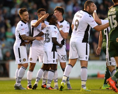 300816 - Plymouth Argyle v Newport County - Checkatrade Trophy -Jordan Green of Newport County celebrates scoring goal with team mates