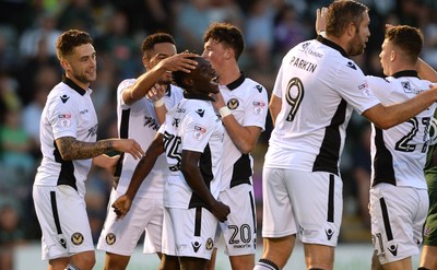 300816 - Plymouth Argyle v Newport County - Checkatrade Trophy -Jordan Green of Newport County celebrates scoring goal with team mates