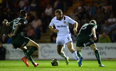 300816 - Plymouth Argyle v Newport County - Checkatrade Trophy -Jon Parkin of Newport County looks for a way past Sonny Bradley of Plymouth Argyle