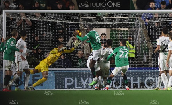 101224 Plymouth Argyle v Swansea City, EFL Sky Bet Championship - Mustapha Bundu of Plymouth heads to score goal