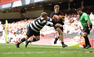 190426 - Pontyclun v Llangadog, Mens Division 4 Cup Final - Ben Morgan of Llangadog is tackled by Joe Williams of Pontyclun