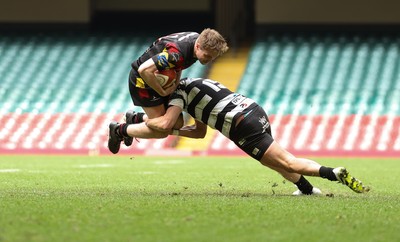 190426 - Pontyclun v Llangadog, Mens Division 4 Cup Final - Ben Morgan of Llangadog is tackled by Adam Lewis of Pontyclun