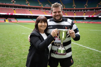 190426 - Pontyclun v Llangadog, Mens Division 4 Cup Final - Delyth Summons, WRU National Council Member presents Pontyclun captain Joe Williams with the trophy