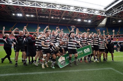 190426 - Pontyclun v Llangadog, Mens Division 4 Cup Final - Pontyclun captain Joe Williams lifts the trophy with the team