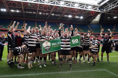 190426 - Pontyclun v Llangadog, Mens Division 4 Cup Final - Pontyclun captain Joe Williams lifts the trophy with the team