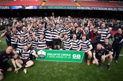 190426 - Pontyclun v Llangadog, Mens Division 4 Cup Final - Pontyclun captain Joe Williams lifts the trophy with the team