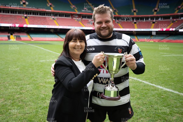 190426 - Pontyclun v Llangadog, Mens Division 4 Cup Final - Delyth Summons, WRU National Council Member presents Pontyclun captain Joe Williams with the trophy