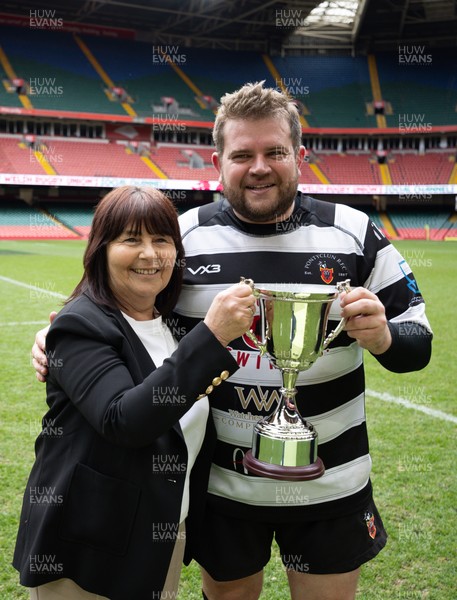190426 - Pontyclun v Llangadog, Mens Division 4 Cup Final - Delyth Summons, WRU National Council Member, presents Pontyclun captain Joe Williams with the trophy
