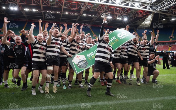 190426 - Pontyclun v Llangadog, Mens Division 4 Cup Final - Pontyclun captain Joe Williams lifts the trophy with the team