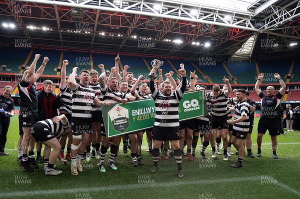 190426 - Pontyclun v Llangadog, Mens Division 4 Cup Final - Pontyclun captain Joe Williams lifts the trophy with the team