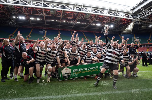 190426 - Pontyclun v Llangadog, Mens Division 4 Cup Final - Pontyclun captain Joe Williams lifts the trophy with the team