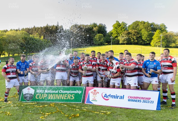 250523 - Pontypool RFC celebrate after being presented with the Admiral Championship League trophy by WRU board member Bryn Parker