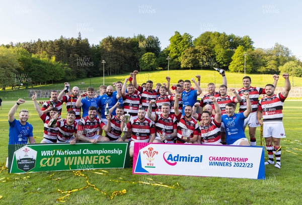 250523 - Pontypool RFC celebrate after being presented with the Admiral Championship League trophy by WRU board member Bryn Parker