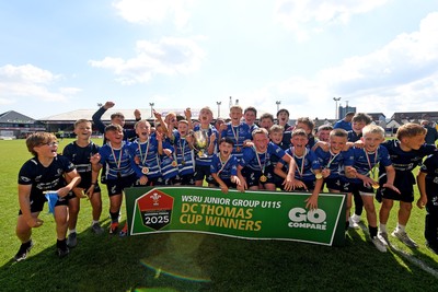 210525 - Pontypridd Schools v Bridgend - WSRU Junior Group - U11’s DC Thomas Cup Final - Bridgend players celebrate lifting the trophy at full time