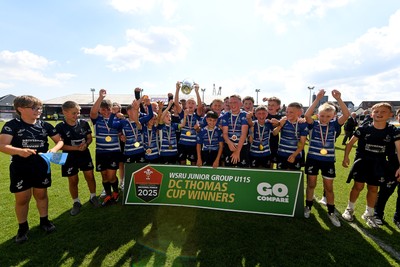 210525 - Pontypridd Schools v Bridgend - WSRU Junior Group - U11’s DC Thomas Cup Final - Bridgend players celebrate lifting the trophy at full time