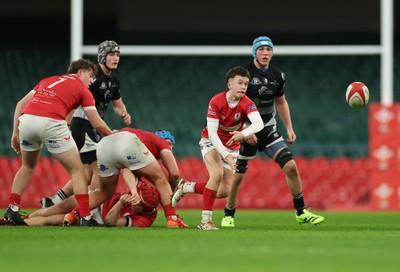 111225 - Pontypridd U16 Schools v Llanelli U16 Schools, Dewar Shield Final - Rowan Williams of Llanelli Schools feeds the ball out