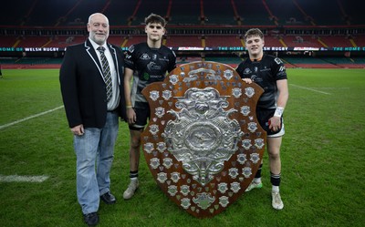 111225 - Pontypridd U16 Schools v Llanelli U16 Schools, Dewar Shield Final - Reegan Gibbons of Pontypridd Schools and Jake Barclay of Pontypridd Schools are presented with the Dewar Shield