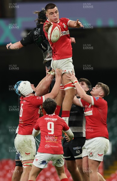 111225 - Pontypridd U16 Schools v Llanelli U16 Schools, Dewar Shield Final - Szymon Dominiak of Llanelli Schools takes the line out