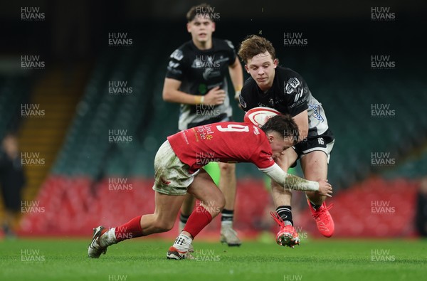 111225 - Pontypridd U16 Schools v Llanelli U16 Schools, Dewar Shield Final - Jake Ayers of Pontypridd Schools is tackled