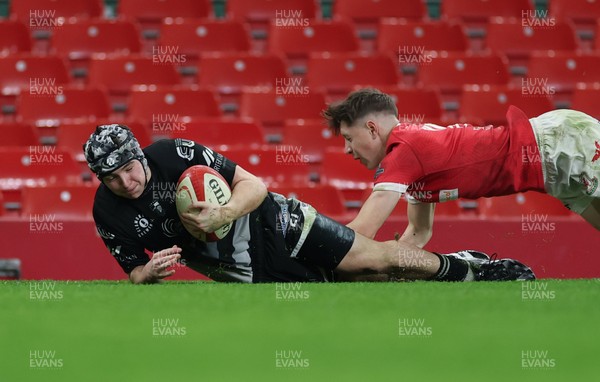 111225 - Pontypridd U16 Schools v Llanelli U16 Schools, Dewar Shield Final - Lewis Kinsey of Pontypridd Schools dives in to score try