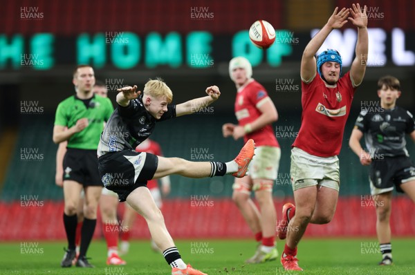 111225 - Pontypridd U16 Schools v Llanelli U16 Schools, Dewar Shield Final - Gethin Evans of Pontypridd Schools kicks clear