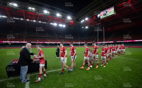 111225 - Pontypridd U16 Schools v Llanelli U16 Schools, Dewar Shield Final - Llanelli Schools are presented with their runners up medals