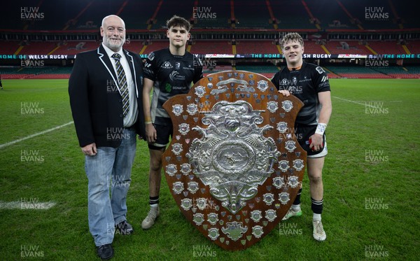 111225 - Pontypridd U16 Schools v Llanelli U16 Schools, Dewar Shield Final - Reegan Gibbons of Pontypridd Schools and Jake Barclay of Pontypridd Schools are presented with the Dewar Shield