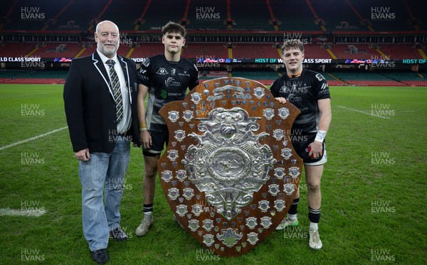 111225 - Pontypridd U16 Schools v Llanelli U16 Schools, Dewar Shield Final - Reegan Gibbons of Pontypridd Schools and Jake Barclay of Pontypridd Schools are presented with the Dewar Shield
