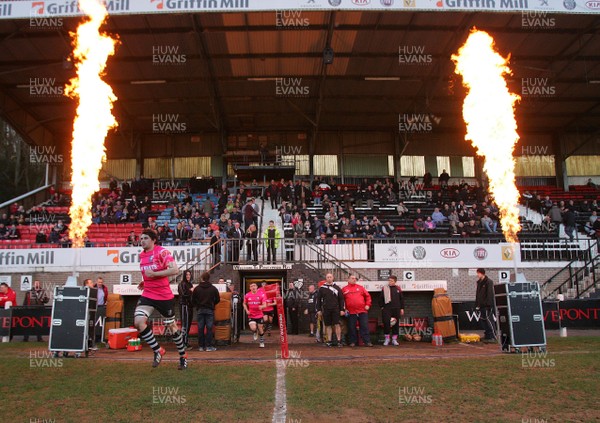 160413 Pontypridd RFC v Cardiff RFC - Principality Premiership -Pontypridd captain Cory Hill leads out the team in the new strip