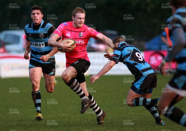 160413 Pontypridd RFC v Cardiff RFC - Principality Premiership -Pontypridd's Chris Clayton takes on Pontypridd's Garyn Lucas