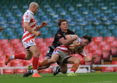 050425  Pontypridd v Cross Keys, WRU Premiership Cup Final - Joe Davies of Pontypridd is tackled short of the line