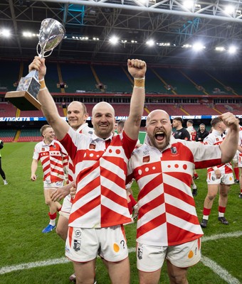 050425  Pontypridd v Cross Keys, WRU Premiership Cup Final - Cally James of Pontypridd, Dale Stuckey of Pontypridd and Rob Jones of Pontypridd celebrate after winning the Premiership Cup