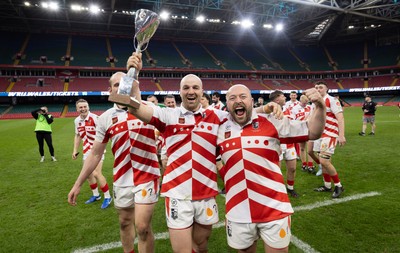 050425  Pontypridd v Cross Keys, WRU Premiership Cup Final - Cally James of Pontypridd, Dale Stuckey of Pontypridd and Rob Jones of Pontypridd celebrate after winning the Premiership Cup