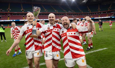 050425  Pontypridd v Cross Keys, WRU Premiership Cup Final - Cally James of Pontypridd, Dale Stuckey of Pontypridd and Rob Jones of Pontypridd celebrate after winning the Premiership Cup