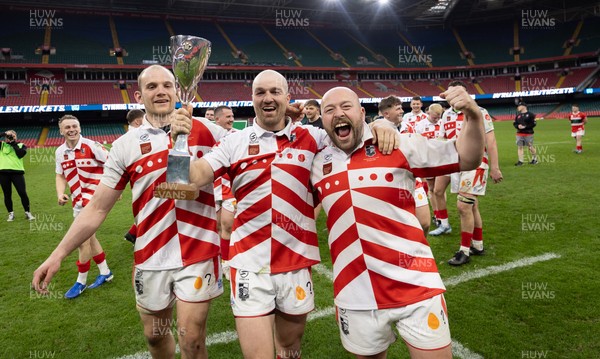 050425  Pontypridd v Cross Keys, WRU Premiership Cup Final - Cally James of Pontypridd, Dale Stuckey of Pontypridd and Rob Jones of Pontypridd celebrate after winning the Premiership Cup