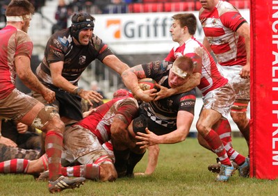 280315 - Pontypridd RFC v Llandovery RFC - Swalec Cup -Craig Locke of Pontypridd is stopped short of the tryline