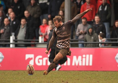 280315 - Pontypridd RFC v Llandovery RFC - Swalec Cup -Simon Humberstone of Pontypridd kicks a goal