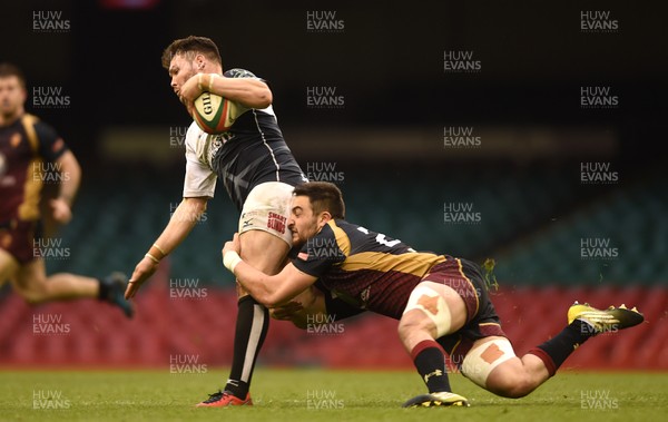 160417 - Pontypridd v RGC 1404 - National Cup Final - Gary Williams of Pontypridd is tackled by Will Bryan of RGC