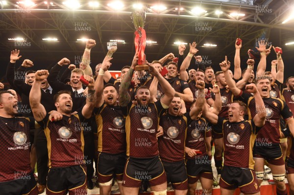 160417 - Pontypridd v RGC 1404 - National Cup Final - Maredydd Francis of RGC lifts the trophy