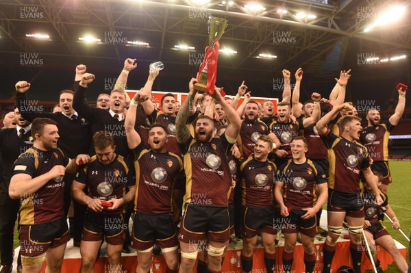 160417 - Pontypridd v RGC 1404 - National Cup Final - Maredydd Francis of RGC lifts the trophy