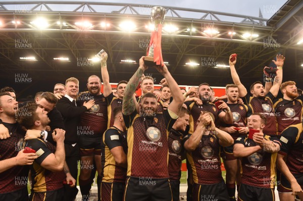 160417 - Pontypridd v RGC 1404 - National Cup Final - Maredydd Francis of RGC lifts the trophy