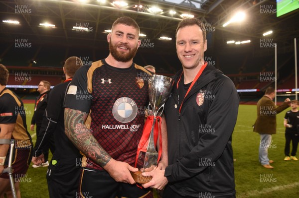 160417 - Pontypridd v RGC 1404 - National Cup Final - Maredydd Francis of RGC and Mark Jones celebrate with the trophy