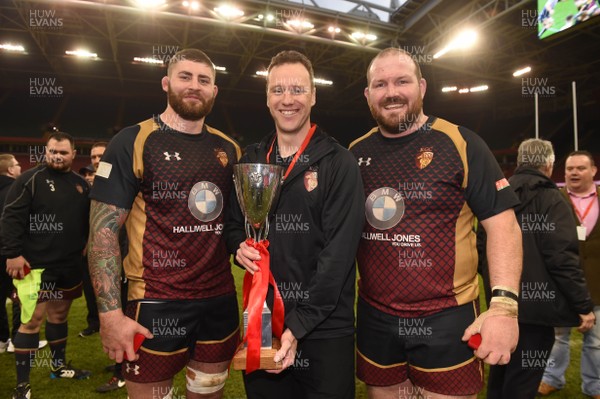 160417 - Pontypridd v RGC 1404 - National Cup Final - Maredydd Francis of RGC, Mark Jones and Phil John celebrate with the trophy