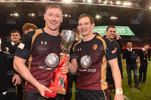 160417 - Pontypridd v RGC 1404 - National Cup Final - Andrew Williams and Josh Leach of RGC celebrate with the trophy