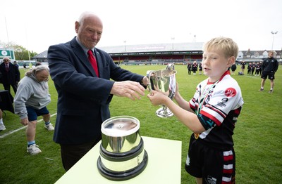 280426 - Pontypridd v Swansea, DC Thomas Cup Final - Pontypridd captain Dafydd Evans recieves the DC Thomas Cup  from WRU President Terry Cobner