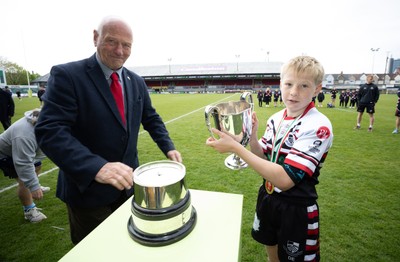 280426 - Pontypridd v Swansea, DC Thomas Cup Final - Pontypridd captain Dafydd Evans recieves the DC Thomas Cup  from WRU President Terry Cobner