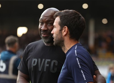 070825 - Port Vale v Cardiff City - Sky Bet League 1 - Manager Brian Barry-Murphy of Cardiff and Manager Darren Moore of Port Vale at the start of the match