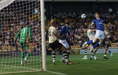 070825 - Port Vale v Cardiff City - Sky Bet League 1 - Will Fish of Cardiff tries a header on goal