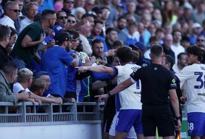 050926 - Portsmouth FC v Cardiff City - SkyBet Championship - Ollie Tanner of Cardiff City gets involved after an incident with the home supporters